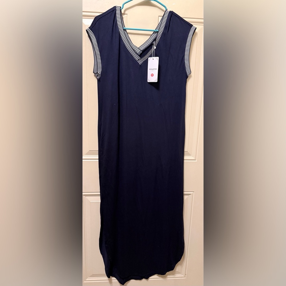 Yogafox Navy Blue Sleeveless Dress with Navy and White Striped Trim Size Medium